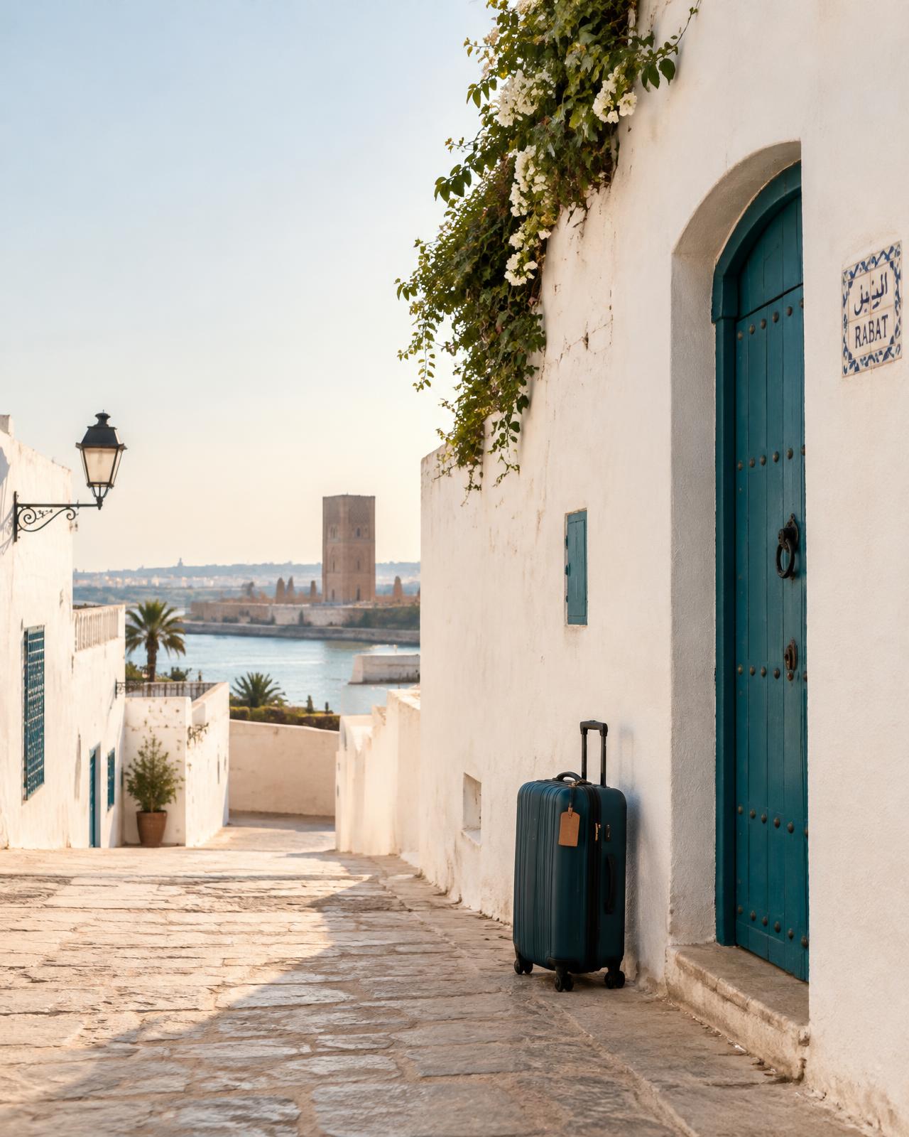 Sunlit street in Rabat with a suitcase